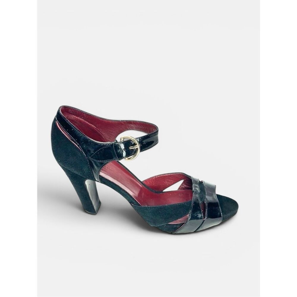 MaxMara Black Heels Suede Patent Leather Peep Toe Mary Jane Italy 40 US 10
